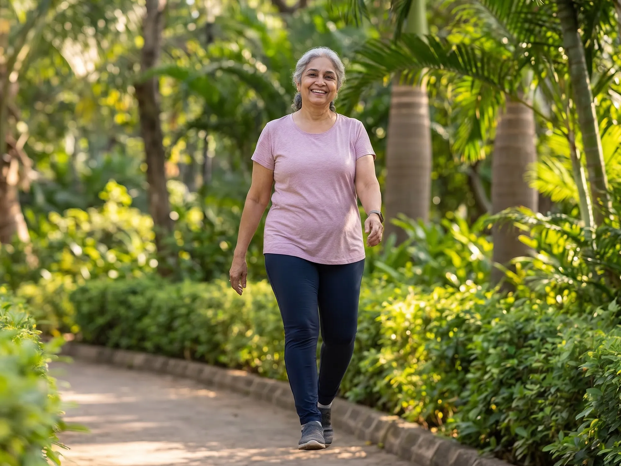 A woman walking along a tree-lined park path